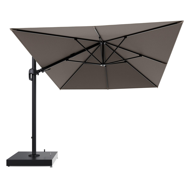 Rufina zweefparasol met tiltfunctie in zwart aluminium en Firenze Earth All Weather Solica parasoldoek - L1 400 x L2 300 cm met parasolvoet Minore 260 kg met wielen