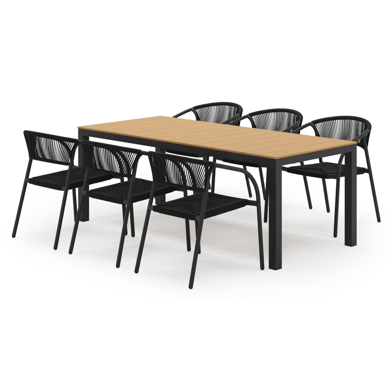Toma tuinset in zwart aluminium en polywood met 6 stapelbare Melo tuinstoelen