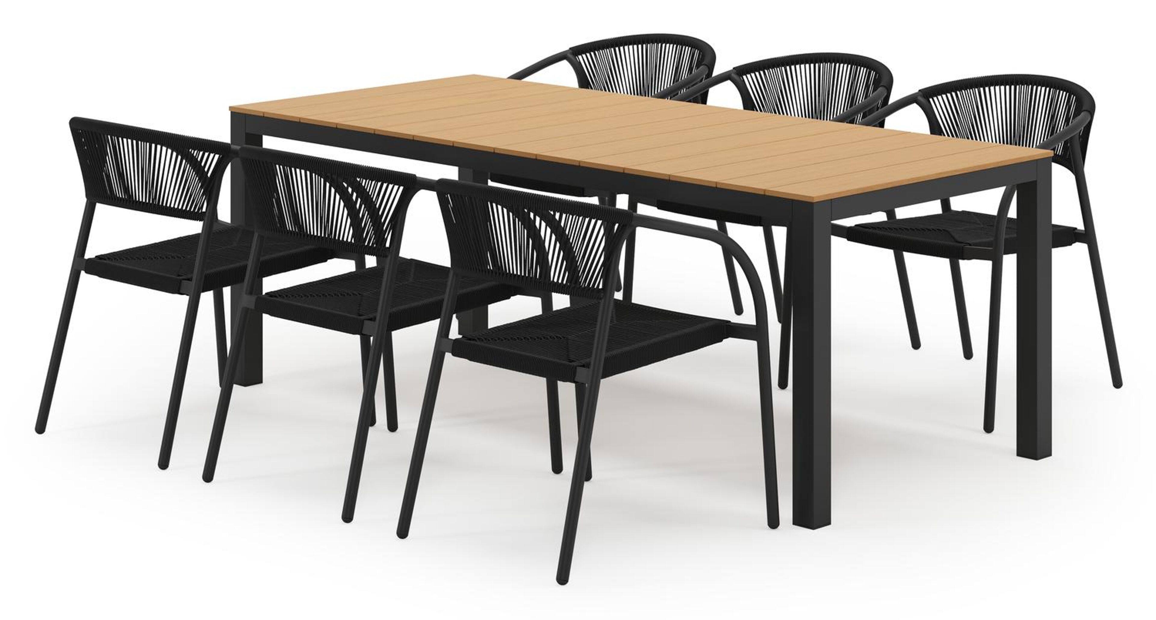 Toma tuinset in zwart aluminium en polywood met 6 stapelbare Melo tuinstoelen
