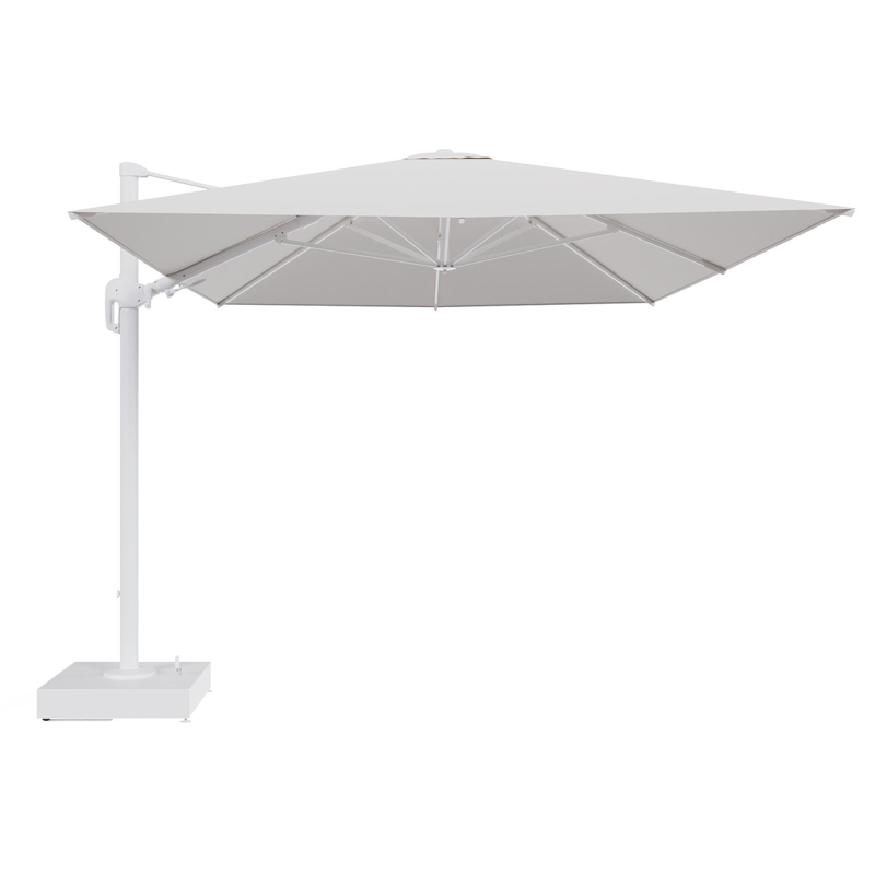Rufina zweefparasol met tiltfunctie in wit aluminium en Ego Eggshell All Weather Solica parasoldoek - L1 400 x L2 300 cm met parasolvoet Minore 150 kg met wielen