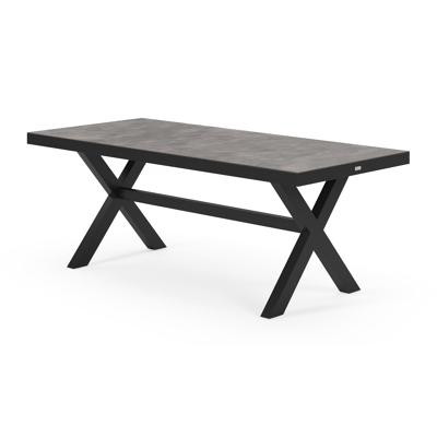 Bahia tuinset in zwart aluminium en grijs keramische print tafelblad met 6 Paco tuinstoelen