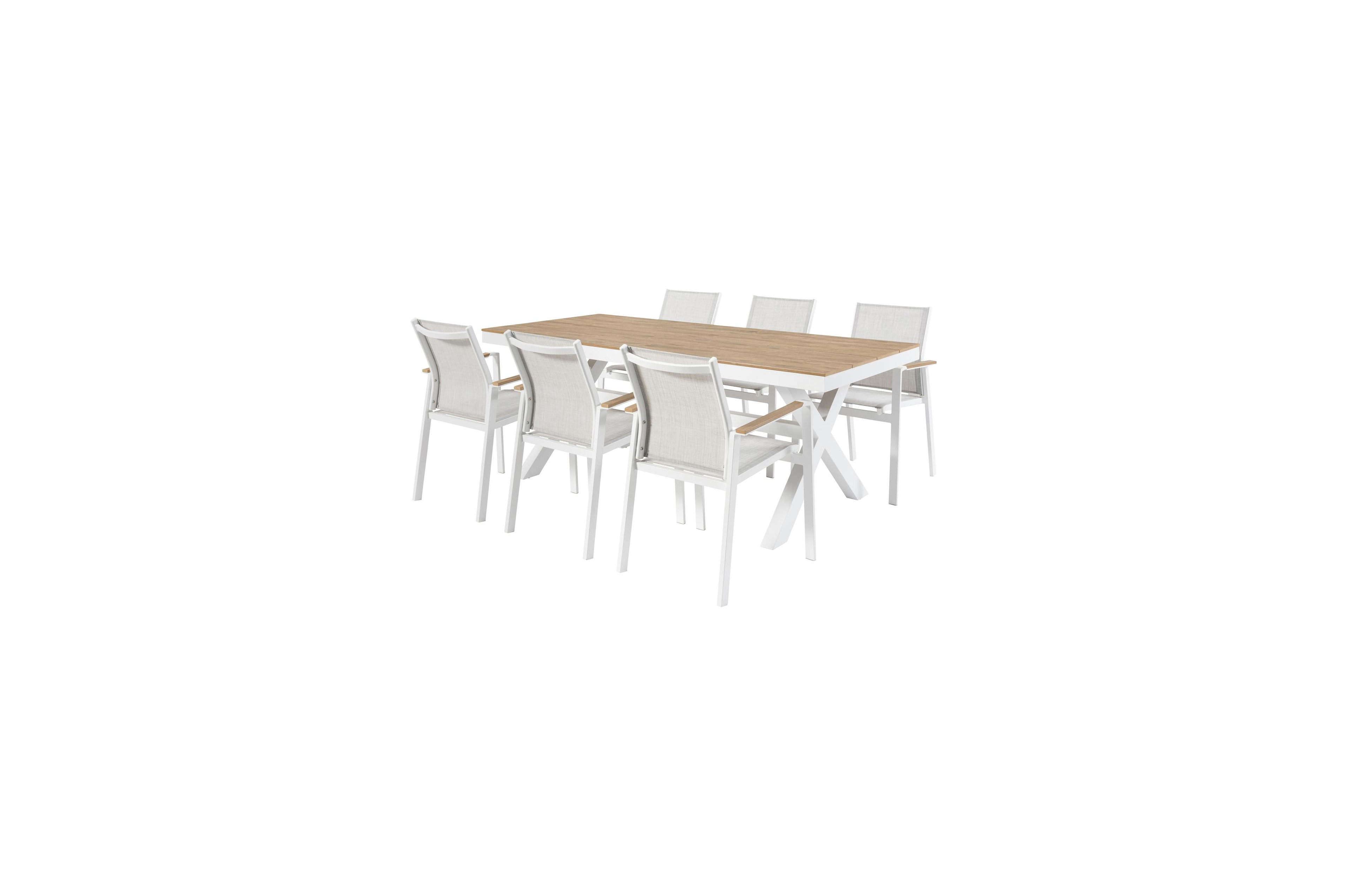 Bahia tuinset in wit aluminium en polywood tafelblad met 6 stapelbare Bahia tuinstoelen