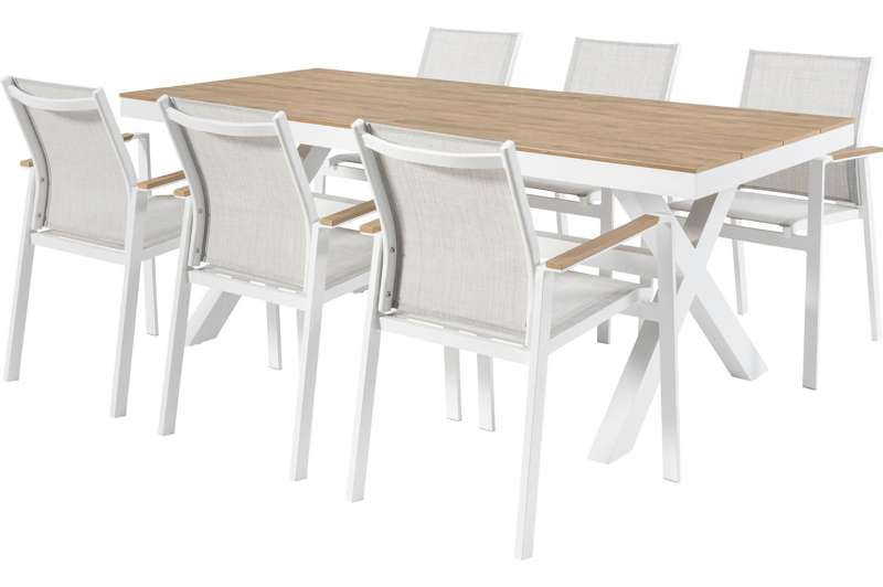 Bahia tuinset in wit aluminium en polywood tafelblad met 6 stapelbare Bahia tuinstoelen