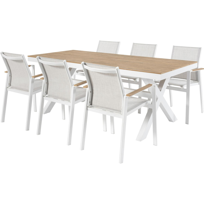 Ensemble de jardin Bahia en aluminium blanc avec plateau de table en polywood et 6 chaises de jardin empilables Bahia