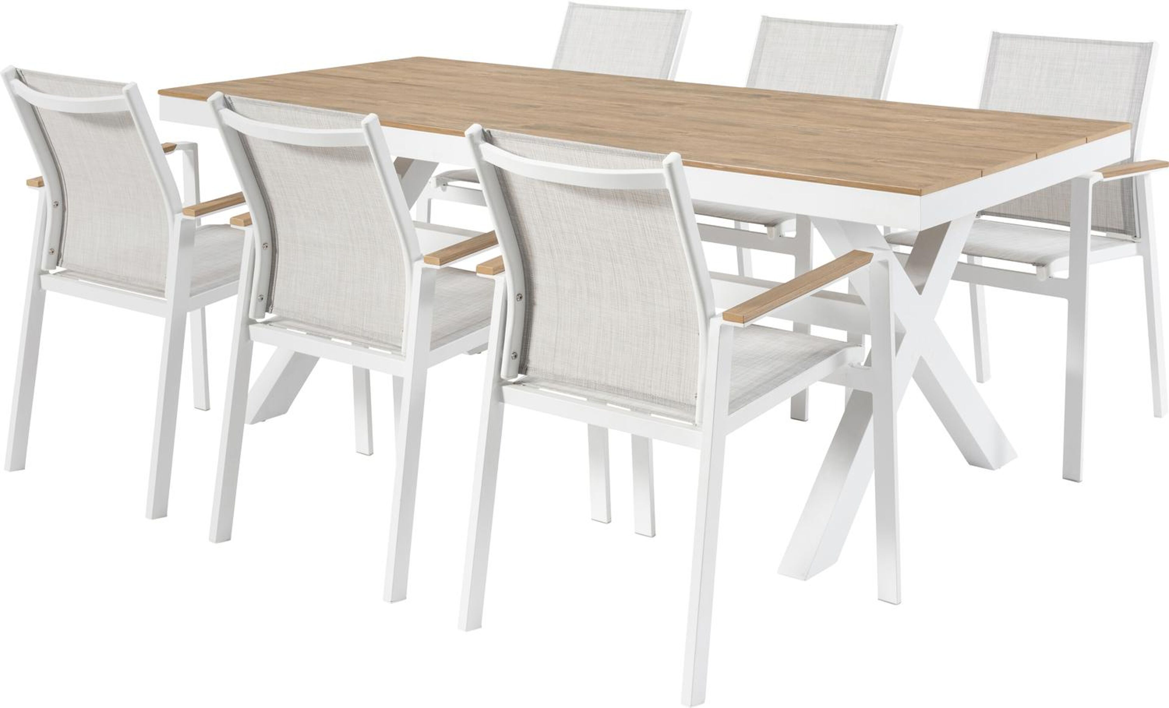 Bahia tuinset in wit aluminium en polywood tafelblad met 6 stapelbare Bahia tuinstoelen