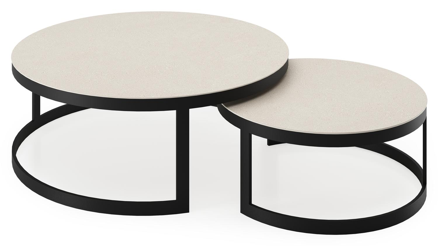 Ensemble de 2 tables de basse Enna en aluminium noir et céramique pleine beige - Diam. 100/70 x Haut. 37/30 cm