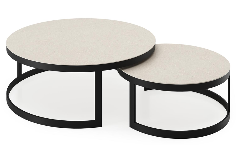 Enna set van 2 loungetafels in zwart aluminium en Beige volkeramiek - Dia. 100/70 x H 37/30 cm