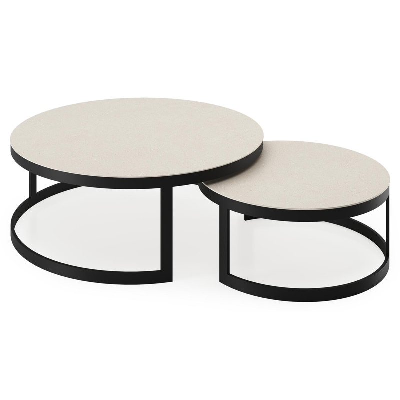 Enna set van 2 loungetafels in zwart aluminium en Beige volkeramiek - Dia. 100/70 x H 37/30 cm