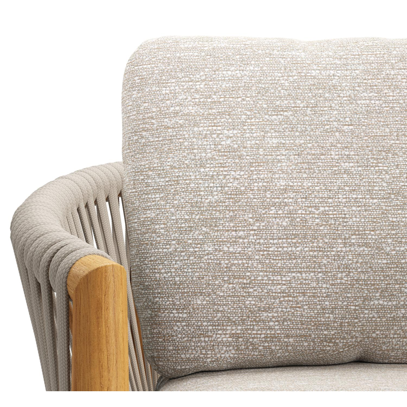 Organo tuinstoel in teak en beige verticaal geweven luxe vlakke rope met zitkussen in All Weather Sunbrella® Luxe Tundra Sand