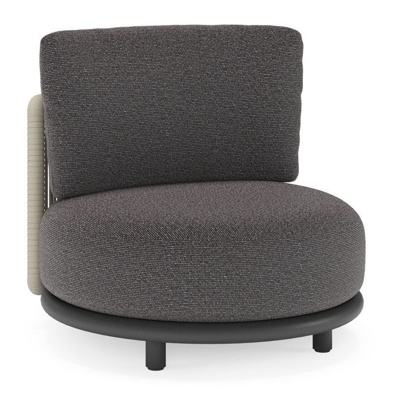 Fauteuil de jardin Lomano en aluminium noir et corde luxe plate tissée verticalement beige et coussins en all weather solica Firenze Tunder