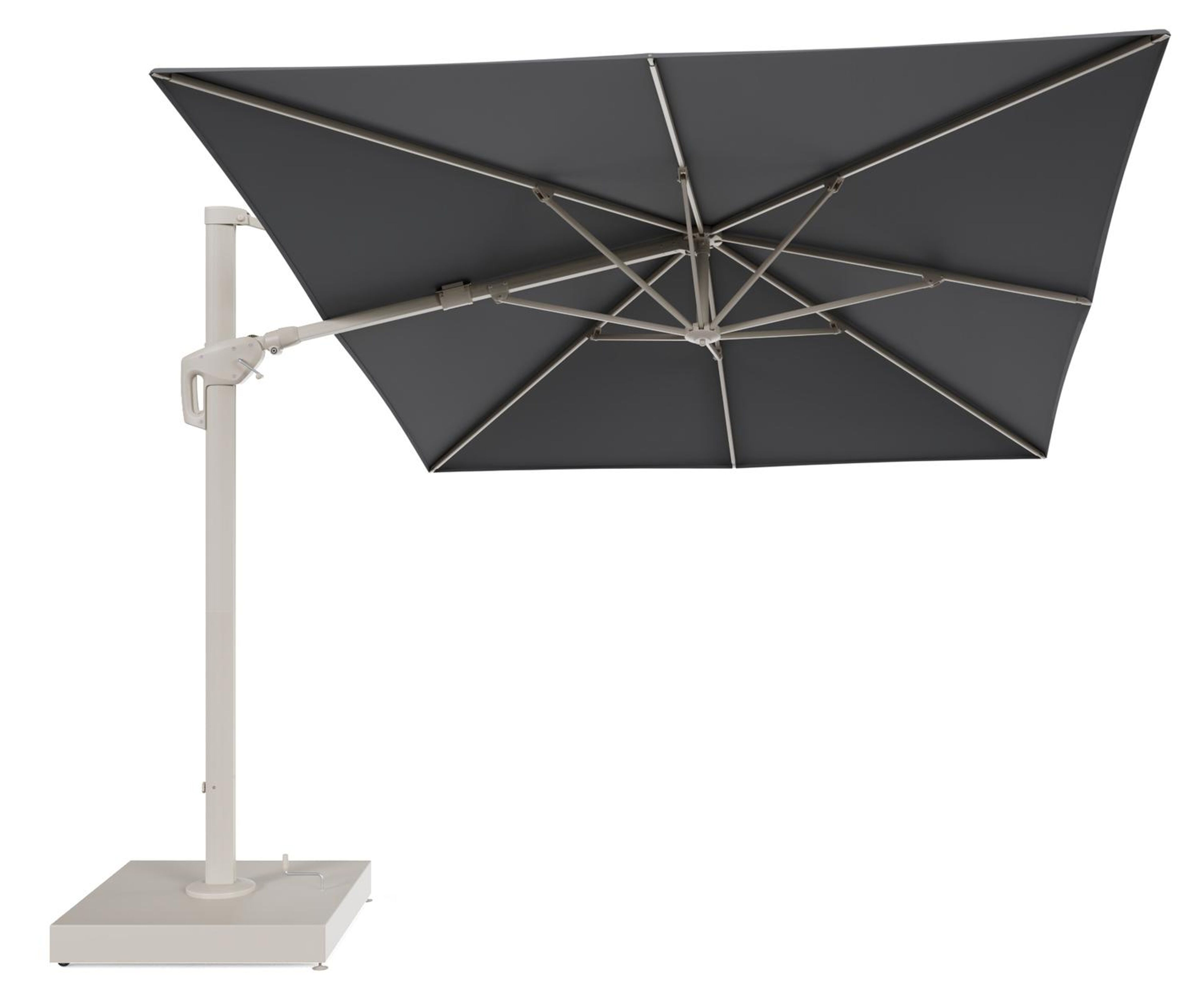 Minore zweefparasol met tiltfunctie in beige aluminium en Natte Charcoal Chine All Weather Sunbrella® Luxe parasoldoek - L1: 400 x L2: 300 cm met parasolvoet Minore 260 kg met wielen