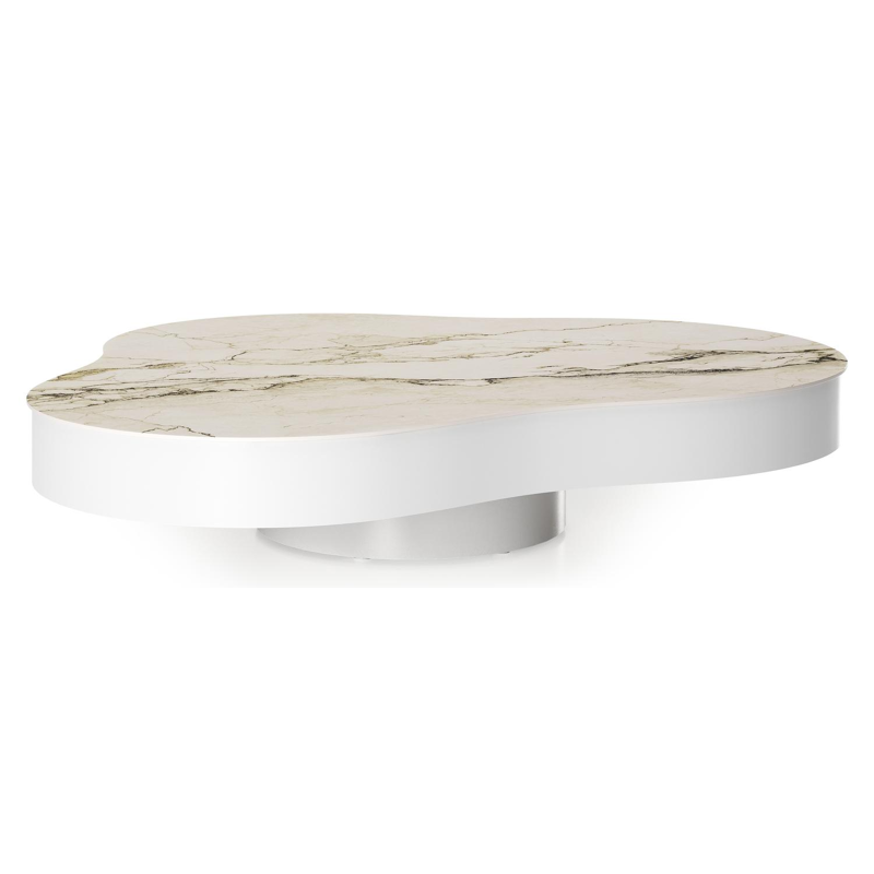 Table de basse Lomano en aluminium blanc et céramique pleine Colorado Dunes - Lg. 131 x Lrg. 108 x Haut. 8 cm