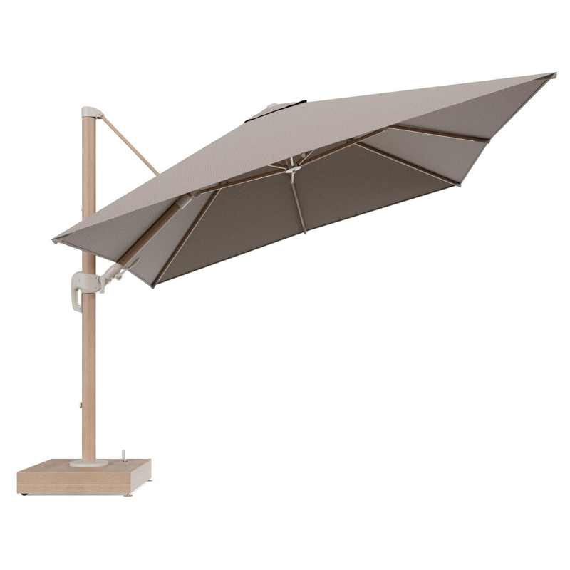 Rufina zweefparasol met tiltfunctie in houtlook aluminium en Firenze Earth All Weather Solica parasoldoek - L1 300 x L2 300 cm met parasolvoet Minore 150 kg met wielen