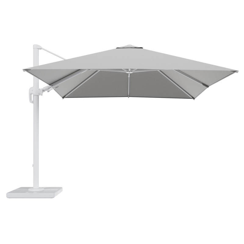 Rufina zweefparasol tiltfunctie in wit aluminium en parasoldoek in All Weather Sunbrella® Luxe Savane Nimbus - L1 300 x L2 300 cm met parasolvoet Lapido 120 kg