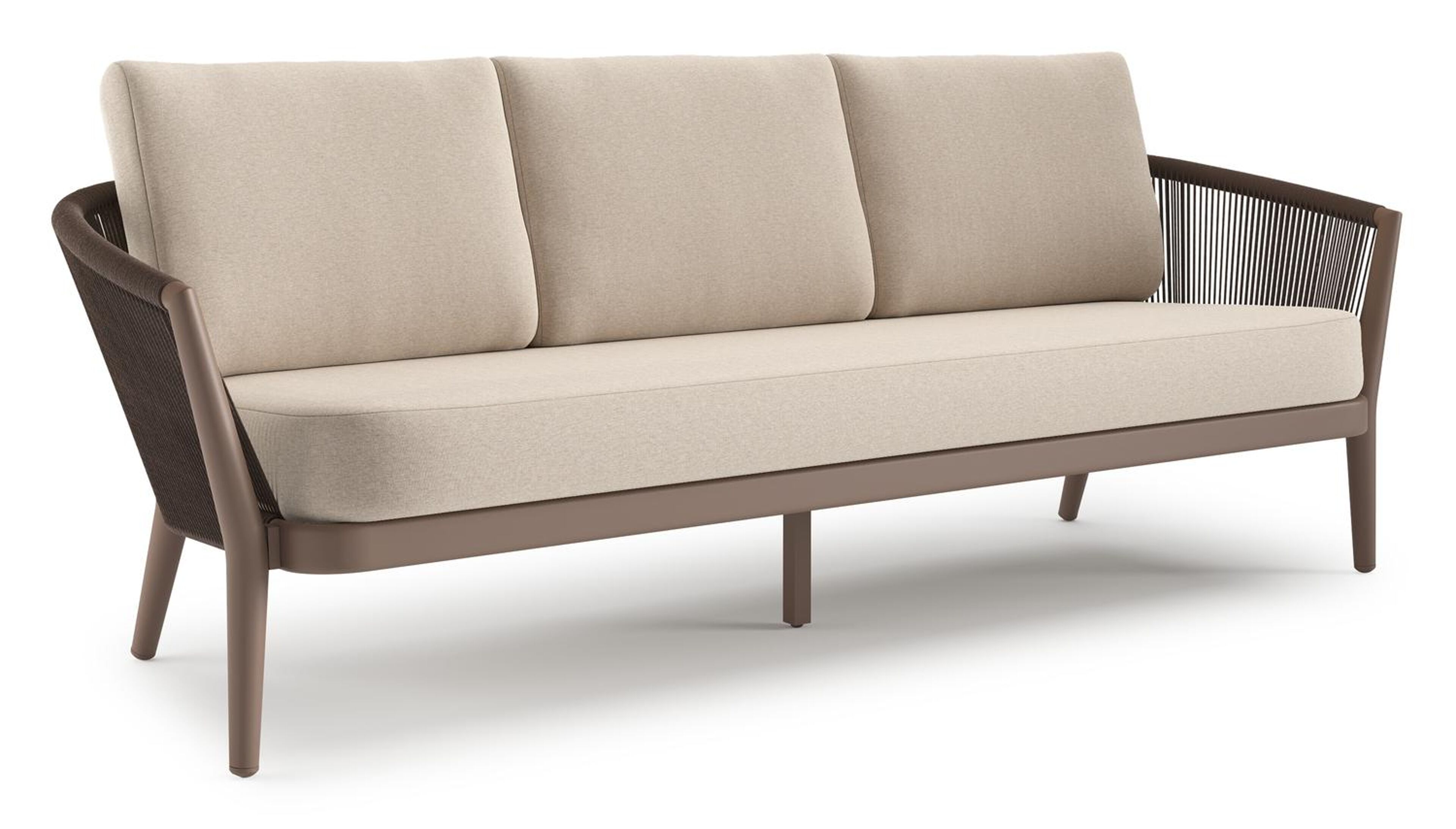 Orso loungebank in taupe aluminiumen zwart verticaal geweven ronde rope met Heritage Ash all weather sunbrella® luxe kussen