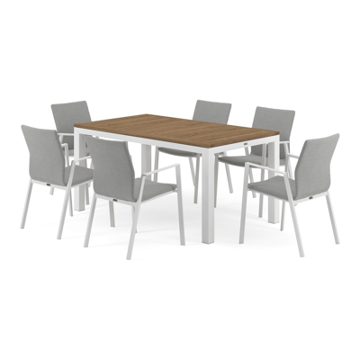 Ensemble de jardin Varese en aluminium blanc avec plateau de table en teck naturel et 6 chaises de jardin empilables Madura