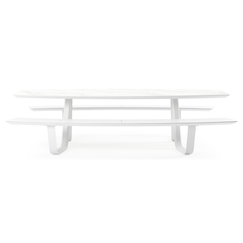 Forno picknicktafel bootvorm in wit aluminium en volkeramiek calacatta tafelblad - L 280 x B 192 x H 72 cm
