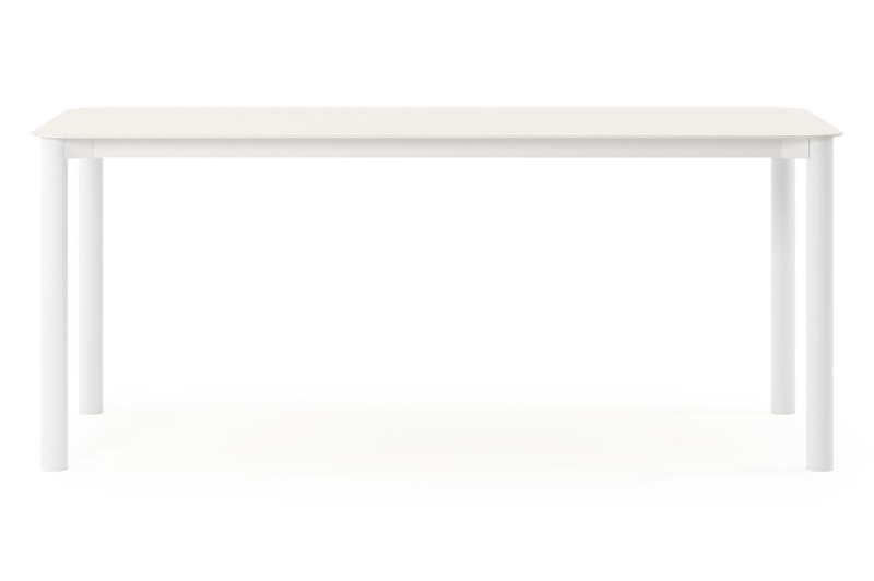 Table de jardin Orso rectangulaire arrondi en aluminium blanc et céramique pleine beige - Lg. 180 x Lrg. 80 x Haut. 75 cm