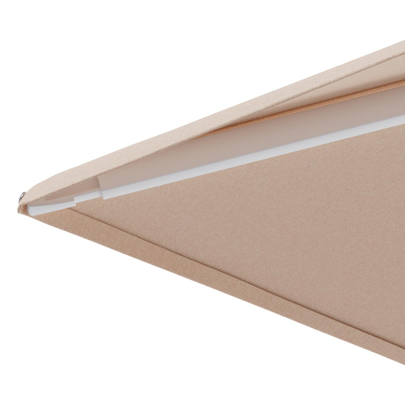Minore zweefparasol met tiltfunctie in wit aluminium en Natte Linen Chalk All Weather Sunbrella® Luxe parasoldoek - L1 280 x L2: 370 cm met parasolvoet Minore 260 kg met wielen