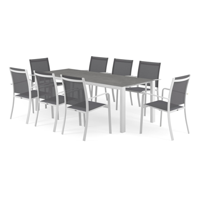 Ensemble de jardin Trente en aluminium blanc avec plateau de table en céramique pleine gris et 8 chaises de jardin empilables Calobra