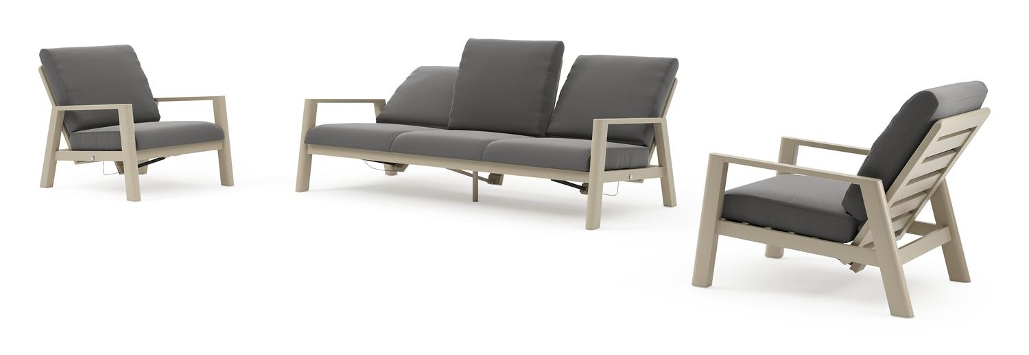Cirello loungeset in beige aluminium met natte charcoal chine all weather sunbrella® luxe kussens