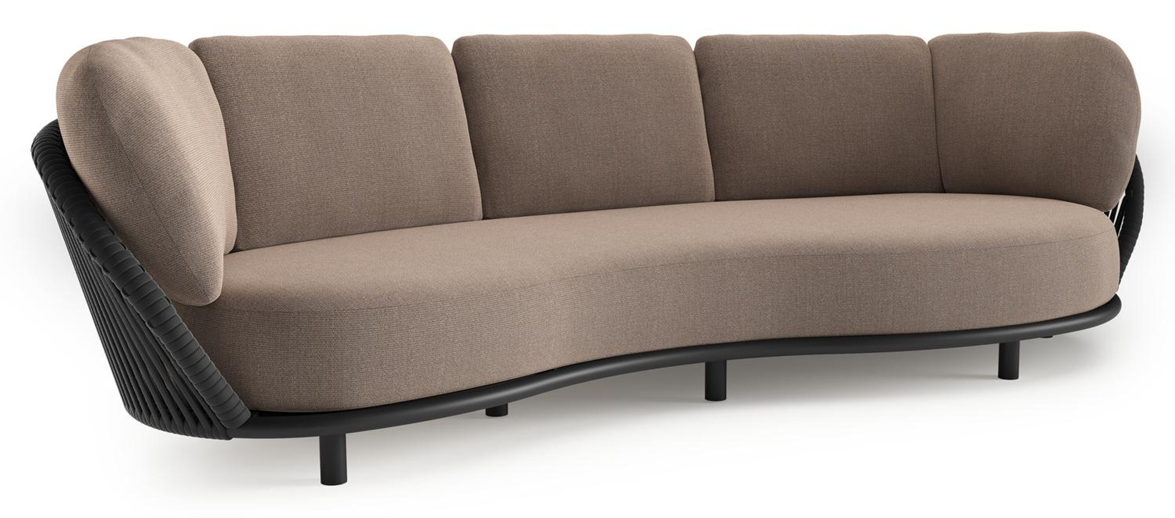 Lupino loungebank in zwart aluminium en zwart verticaal geweven luxe vlakke brede rope met savane earth all weather sunbrella® luxe kussen