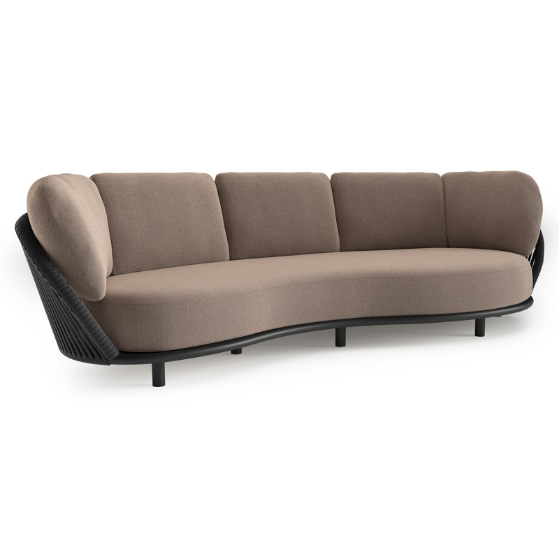 Lupino loungebank in zwart aluminium en zwart verticaal geweven luxe vlakke brede rope met savane earth all weather sunbrella® luxe kussen