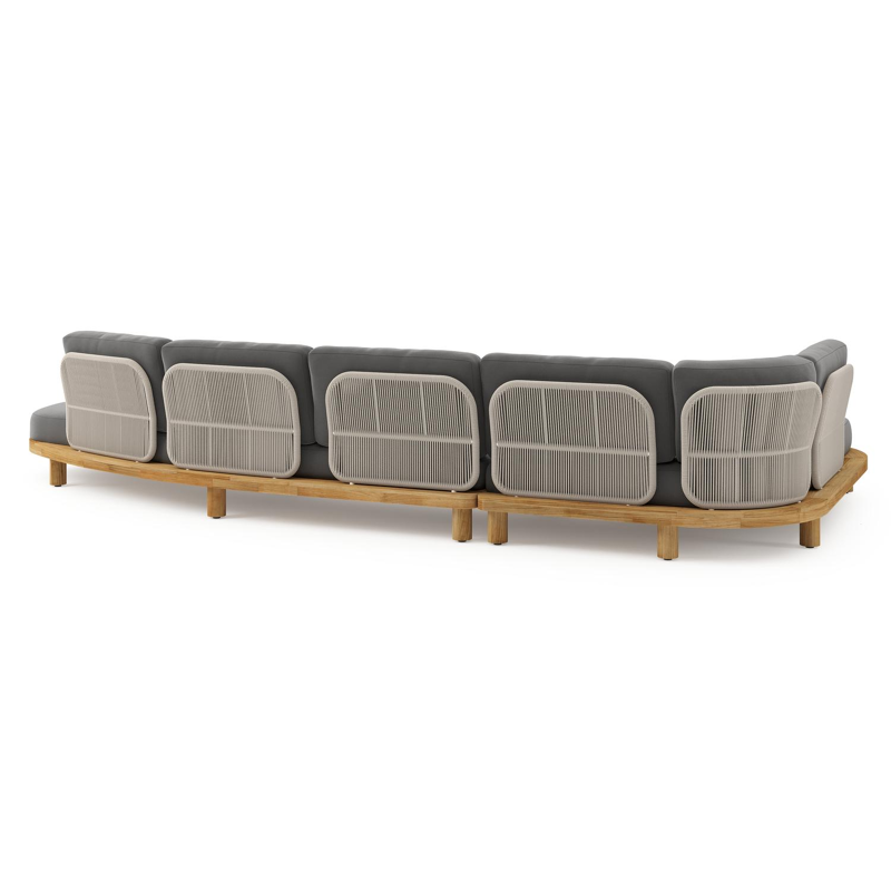 Donato loungehoek in teak en beige verticaal geweven ronde rope met all weather sunbrella® luxe Natte Charcoal Chine kussen