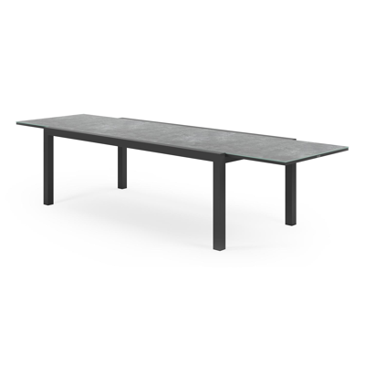 Ensemble de jardin Calobra avec table extensible en aluminium noir avec plateau de table en verre gris et 10 chaises de jardin empilables Bareto