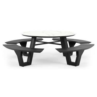 Rondino picknicktafel rond in zwart aluminium en volkeramiek Calacatta - Dia. 236 x H 71.5 cm