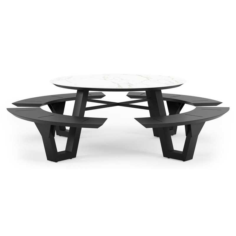 Rondino picknicktafel rond in zwart aluminium en volkeramiek Calacatta - Dia. 236 x H 71.5 cm