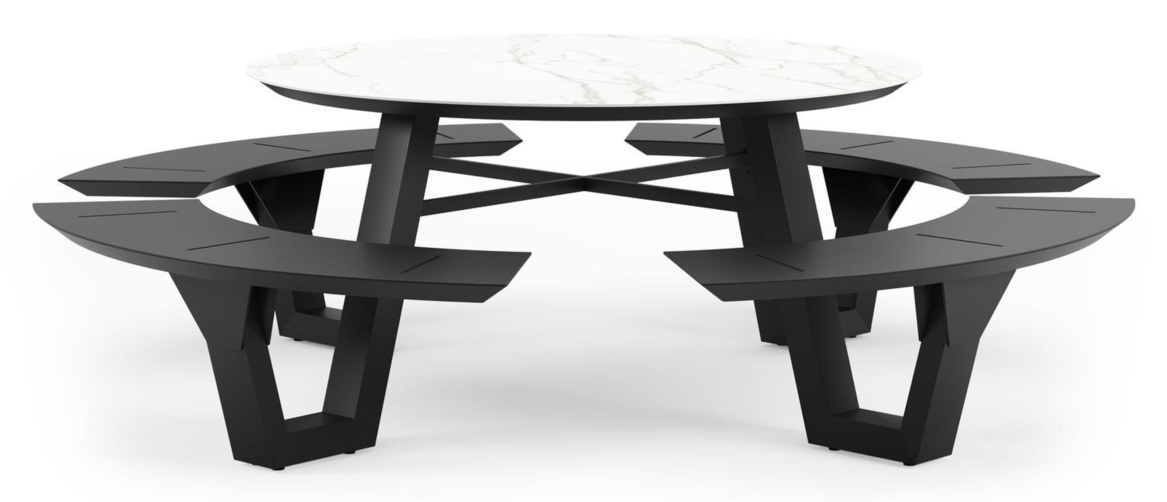 Rondino picknicktafel rond in zwart aluminium en volkeramiek Calacatta - Dia. 236 x - Dia. 236 x H 72 cm