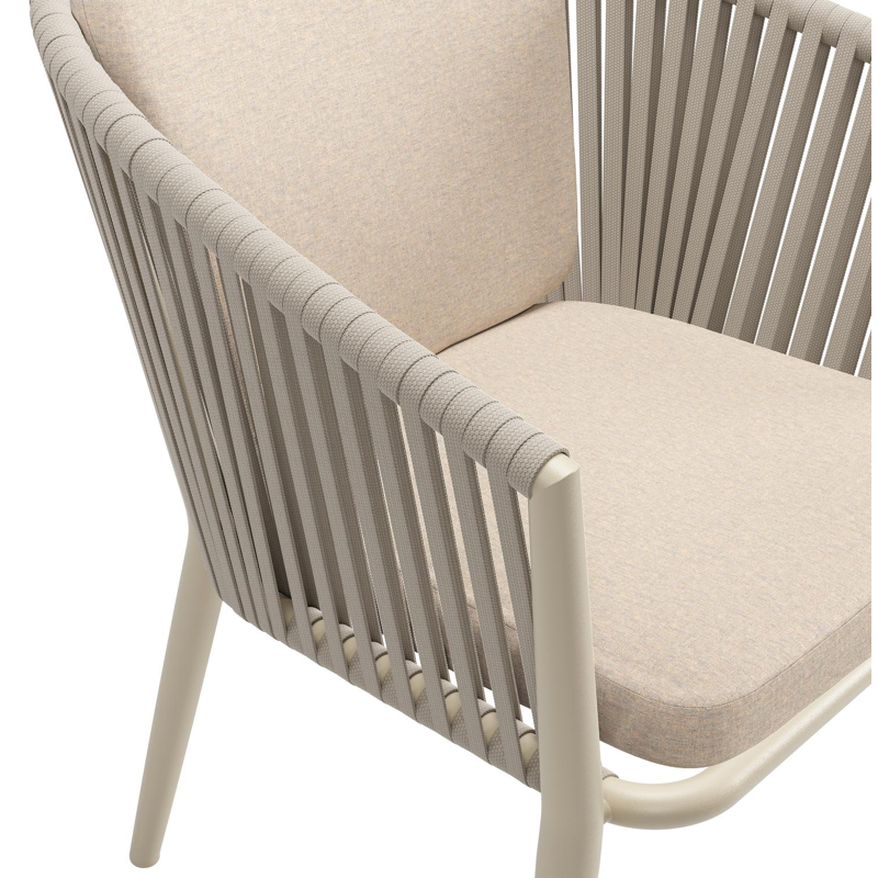 Chaise de jardin Orso en aluminium beige et corde plate tissée verticalement beige avec coussin All Weather Sunbrella® Luxe Heritage Papyrus