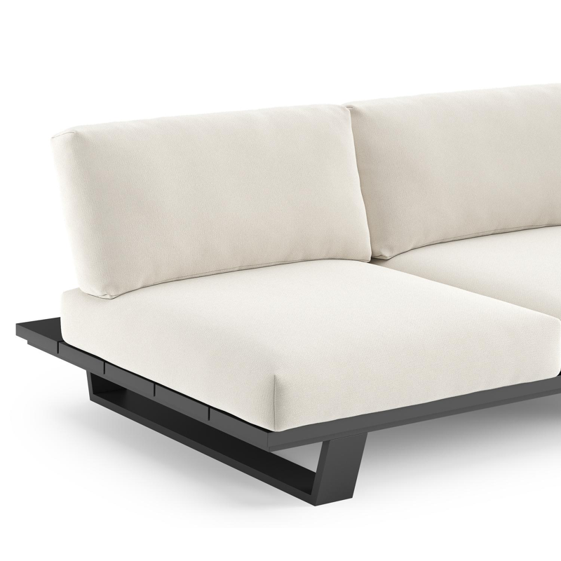 Canapé de jardin Pagino en aluminium noir et coussins en all weather sunbrella® luxe savane white