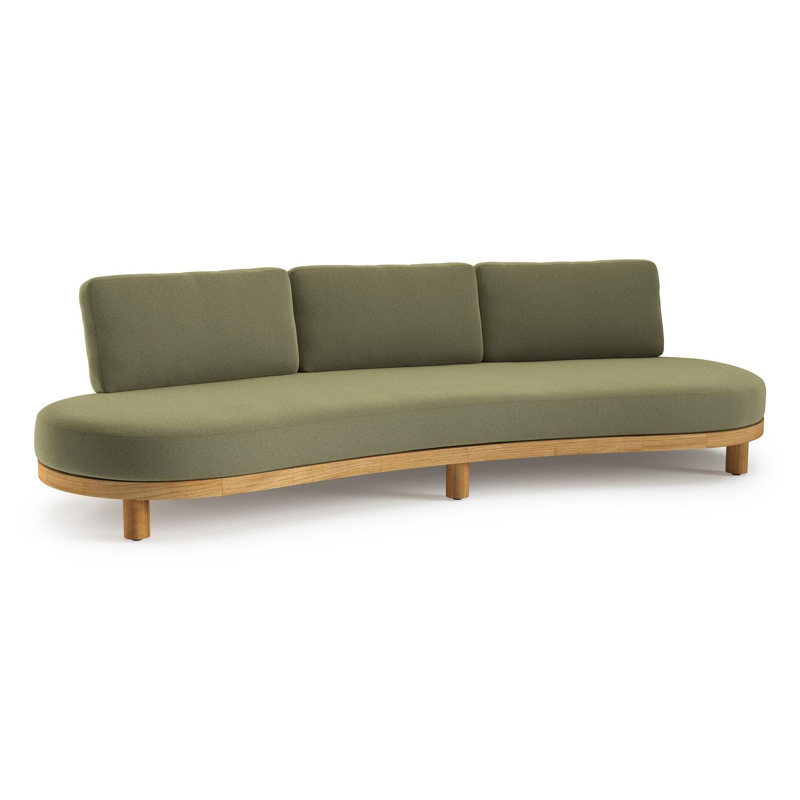 Donato loungebank in teak en beige verticaal geweven ronde rope met all weather sunbrella® luxe Heritage Leaf kussen