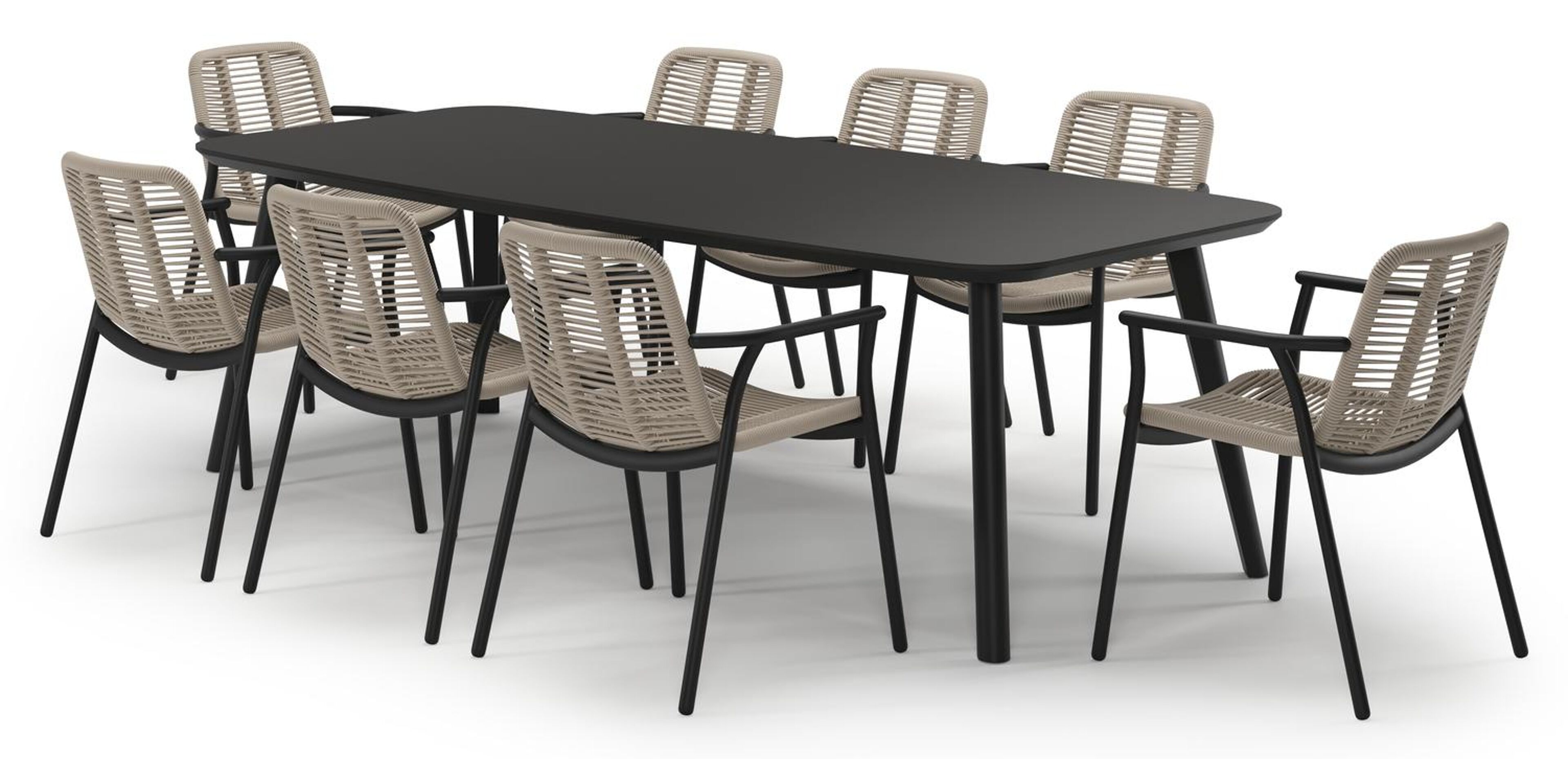 Mosa tuinset in zwart aluminium en notte minerale sintered stone met 8 stapelbare Berga tuinstoelen