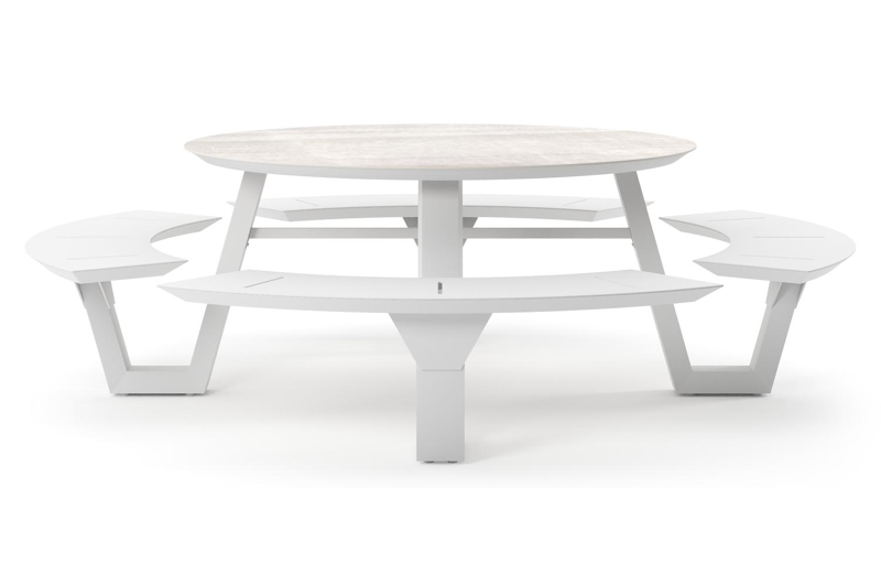 Table de pique-nique Rondino ronde en aluminium blanc et céramique pleine Taj Mahal - Diam. 148 x Haut. 71.5 cm