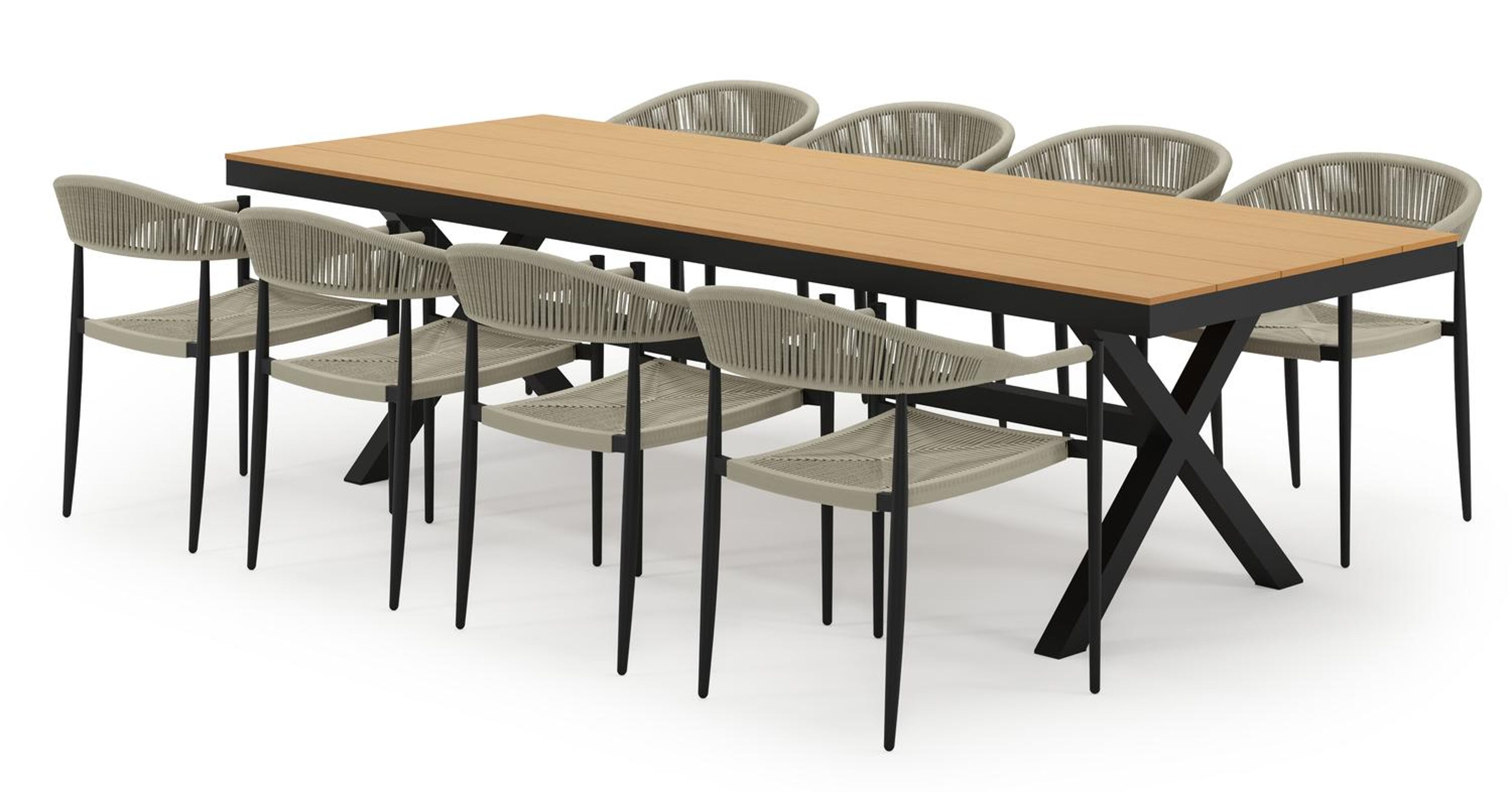Bahia tuinset in zwart aluminium en polywood met 8 stapelbare Guarda tuinstoelen