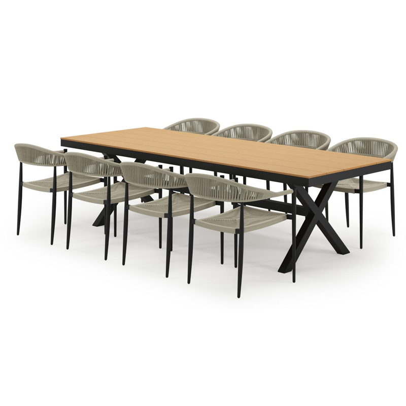 Bahia tuinset in zwart aluminium en polywood met 8 stapelbare Guarda tuinstoelen