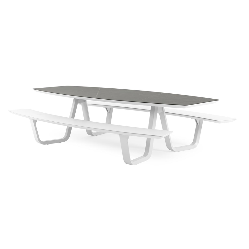Table de pique-Forno forme de bateau en aluminium blanc et céramique pleine Calatorao - Lg. 280 x Lrg. 192 x Haut. 72 cm