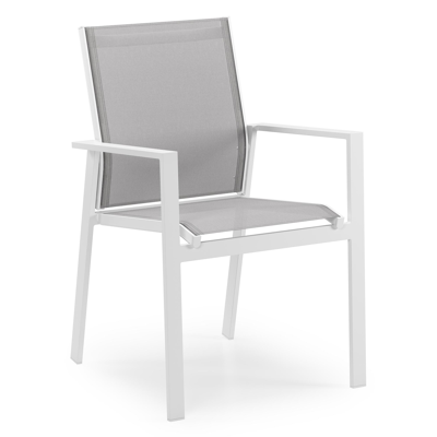 Calzo tuinset in wit aluminium en grijs keramische print tafelblad met 6 stapelbare Bahia tuinstoelen