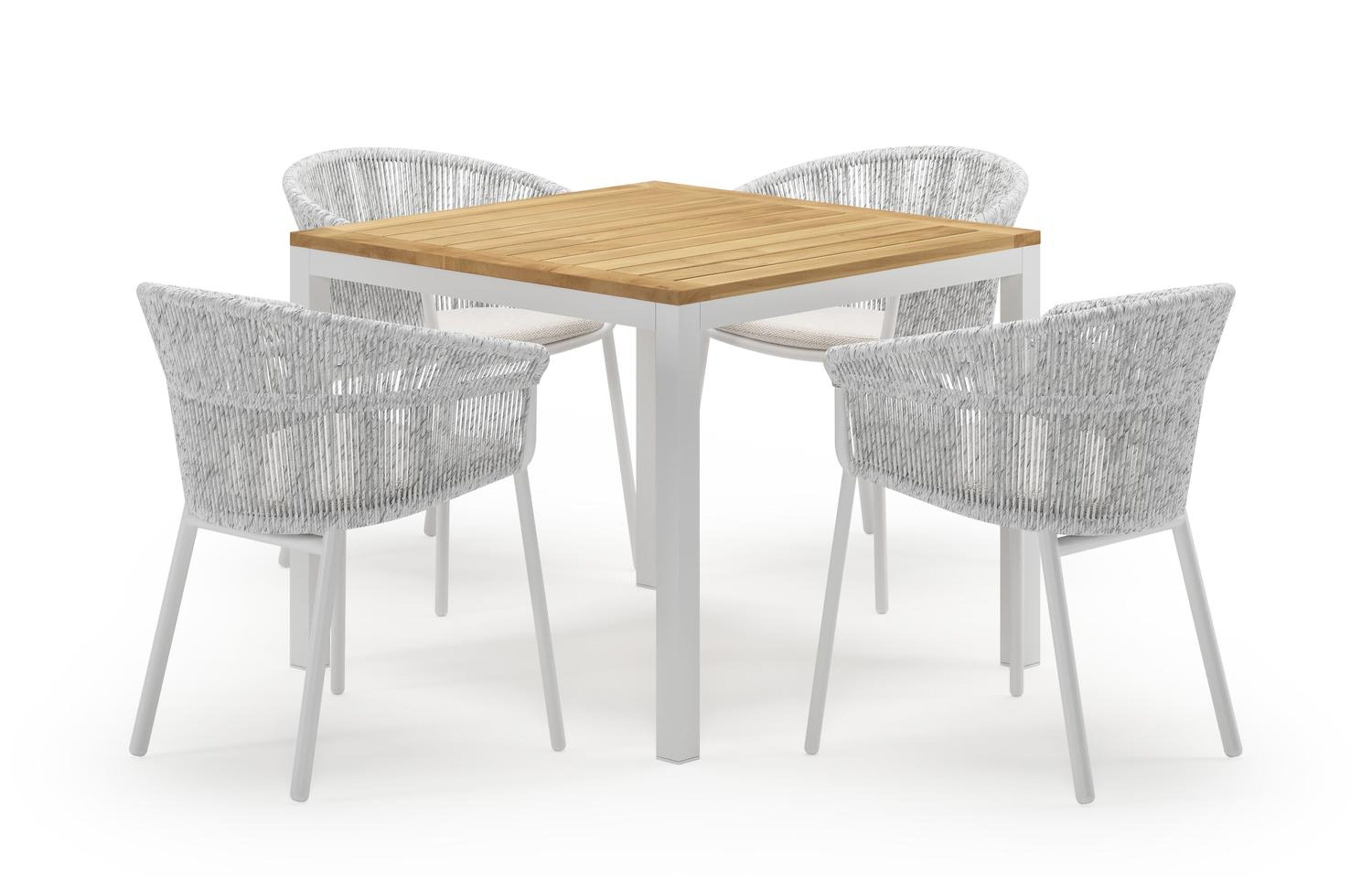 Feltro vierkante tuinset in wit aluminium en teak natural finish met 4 Matera tuinstoelen