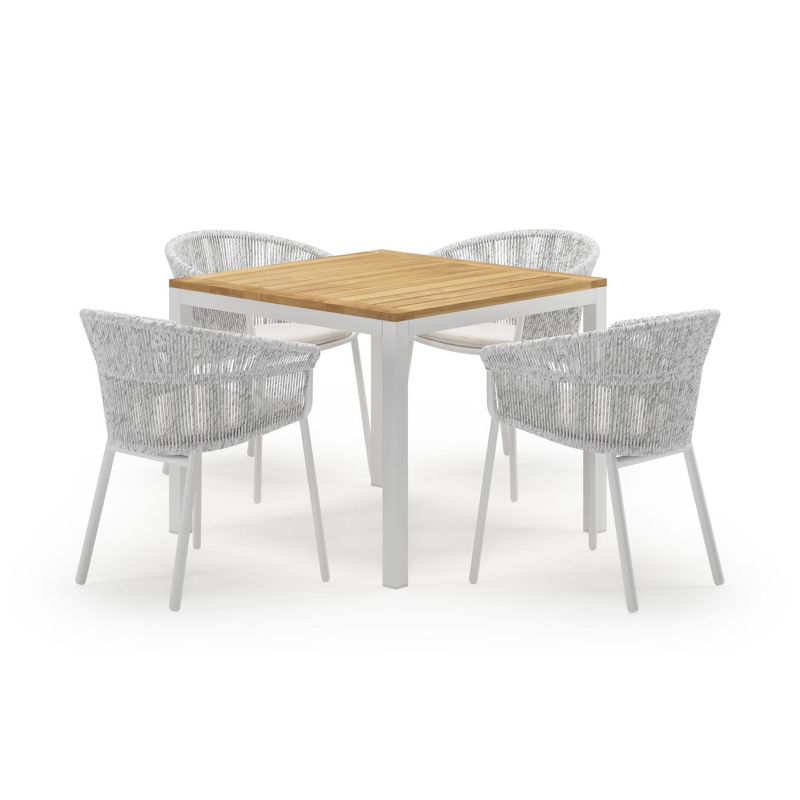 Feltro vierkante tuinset in wit aluminium en teak natural finish met 4 Matera tuinstoelen