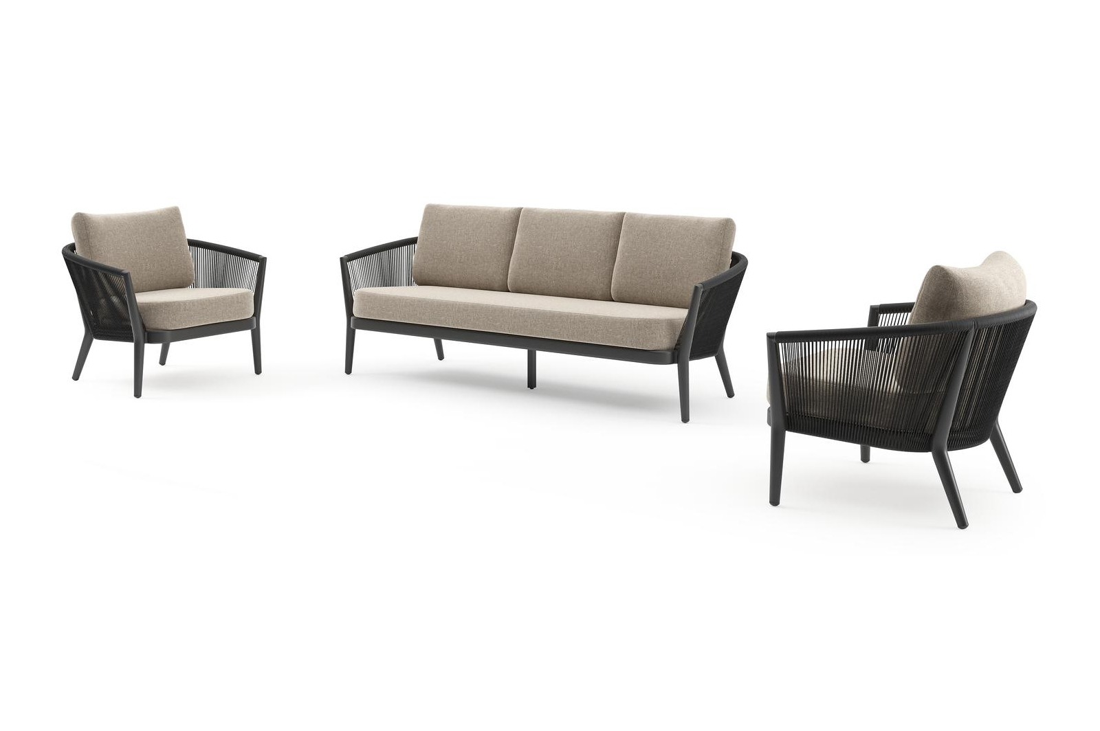 Salon de jardin Orso en aluminium noir en corde ronde tissée verticalement noir et coussins en all weather sunbrella® luxe Chartres Pewter