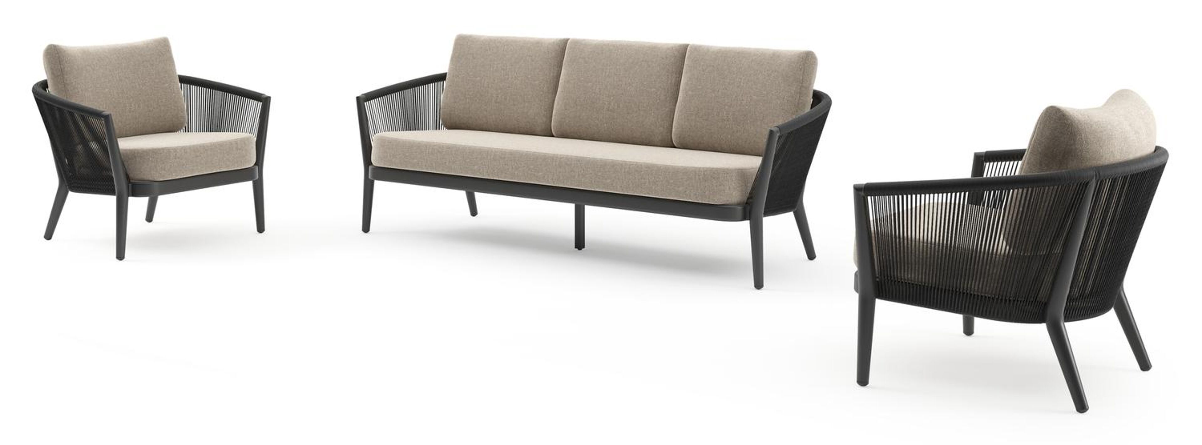 Orso loungeset in zwart aluminium en zwart verticaal geweven ronde rope met Chartres Pewter all weather sunbrella® luxe kussen