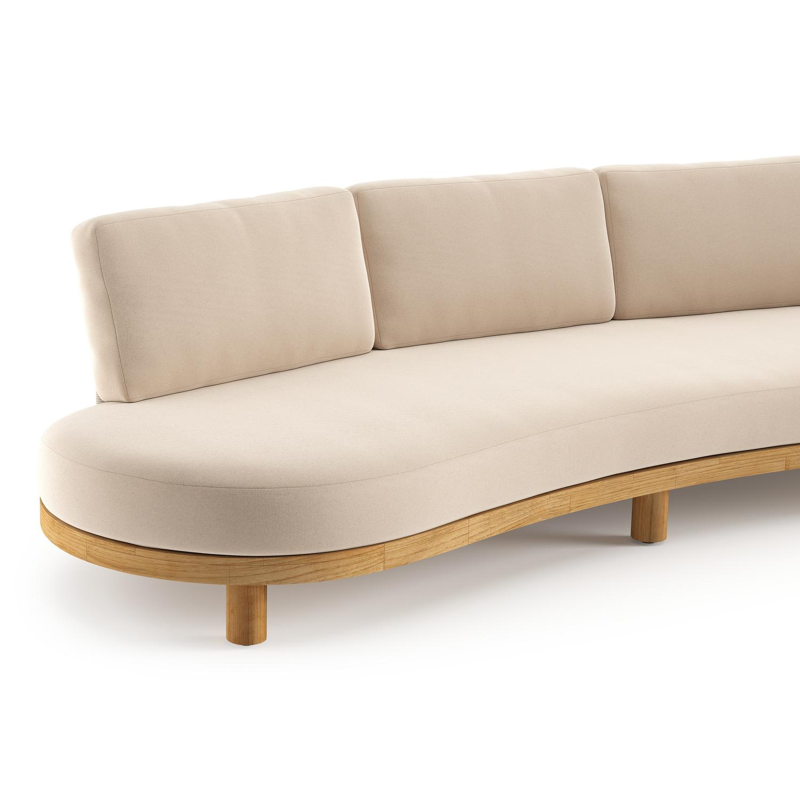 Donato loungebank in teak en beige verticaal geweven ronde rope met all weather sunbrella® luxe Natte Linen Chalk kussen