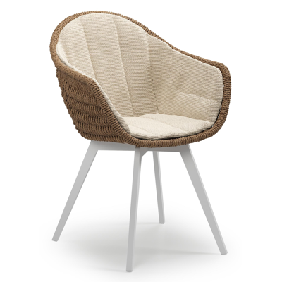 Pagino tuinstoel in wit aluminium en bruin ronde wicker met zitkussen in All Weather Cosytica Althea Chalk