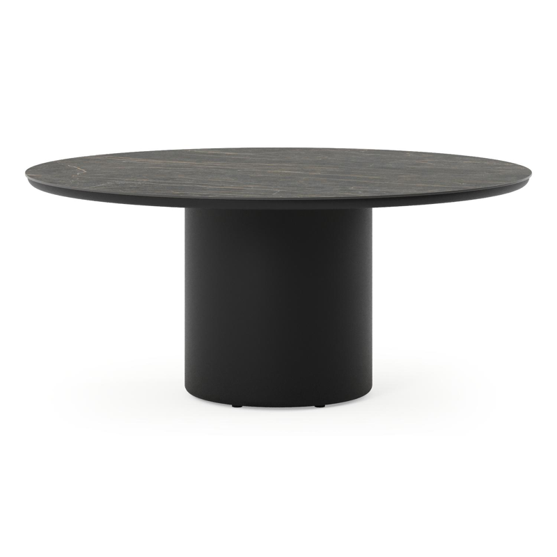 Amico low dining tuintafel rond in zwart aluminium en volkeramiek Black Obsession - Dia. 148 x H 61 cm