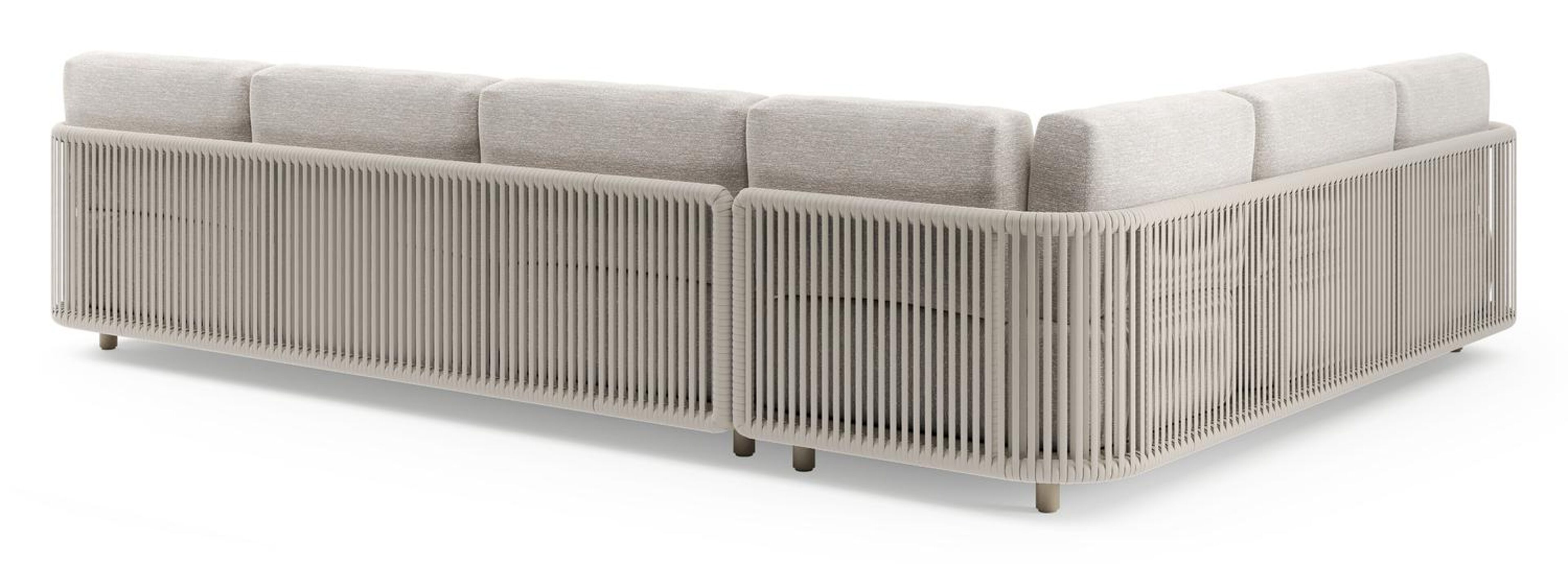Organo loungehoek in beige aluminium en beige verticaal geweven luxe vlakke rope met tundra sand all weather Sunbrella® luxe kussen