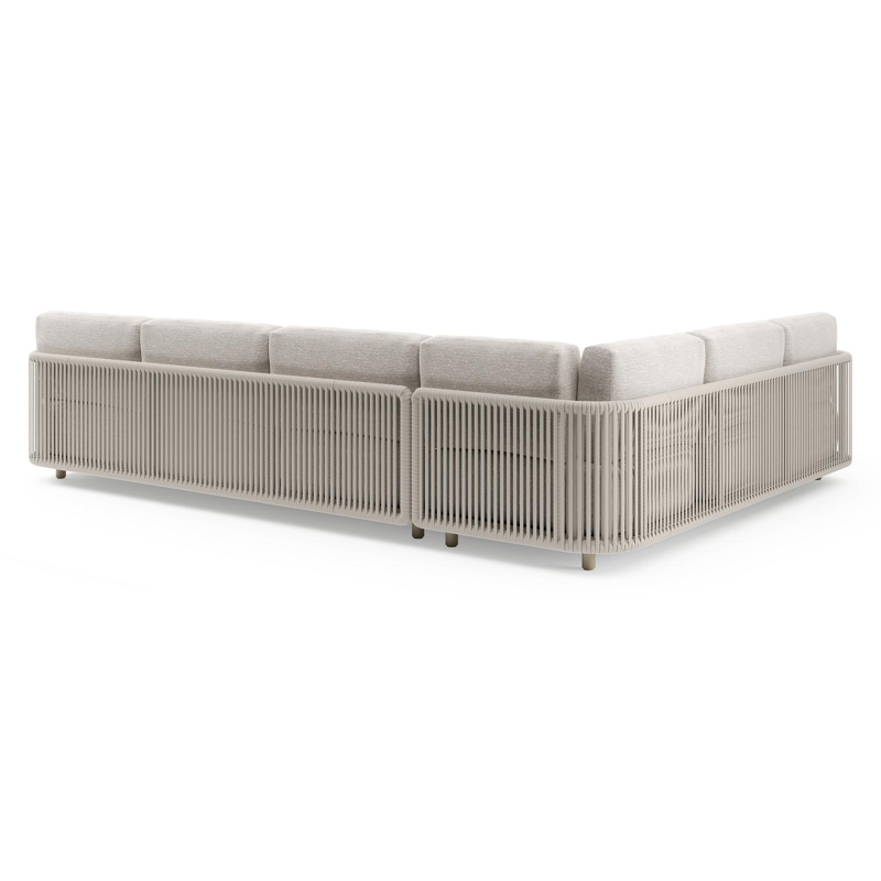 Organo loungehoek in beige aluminium en beige verticaal geweven luxe vlakke rope met tundra sand all weather Sunbrella® luxe kussen